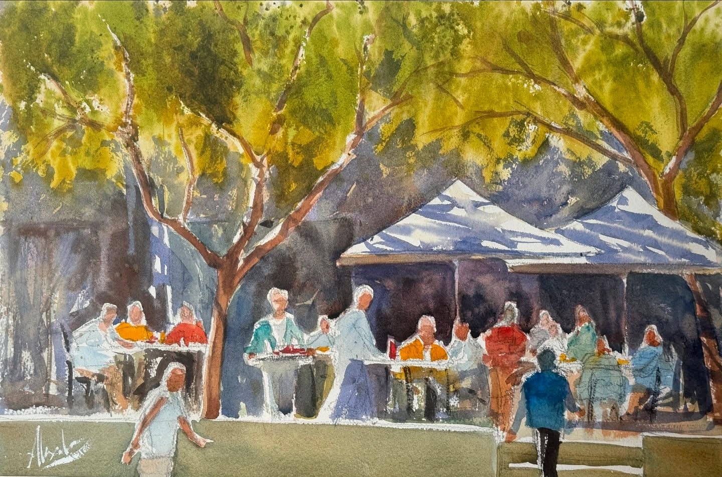 A watercolour painting of a group of people gathered around an outdoor cafe under lots of green leafy trees