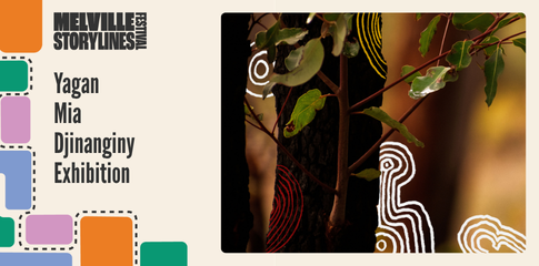 Image of a eucalyptus tree in shadowy lighting with the text: Yagan Mia Djinanginy Exhibition
