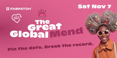 Pink promo banner for The Great Global Mend reads 'Pin the date. Break the record'. A person in sunglasses has a creative hairstyle decorated with buttons, zippers, thread spools, and scissors.