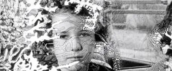 a black and white image of a girl, overlaid with abstract patterns.