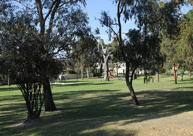 Photo of park area with trees throughout. Playground and sandpit can be seen in far distance.