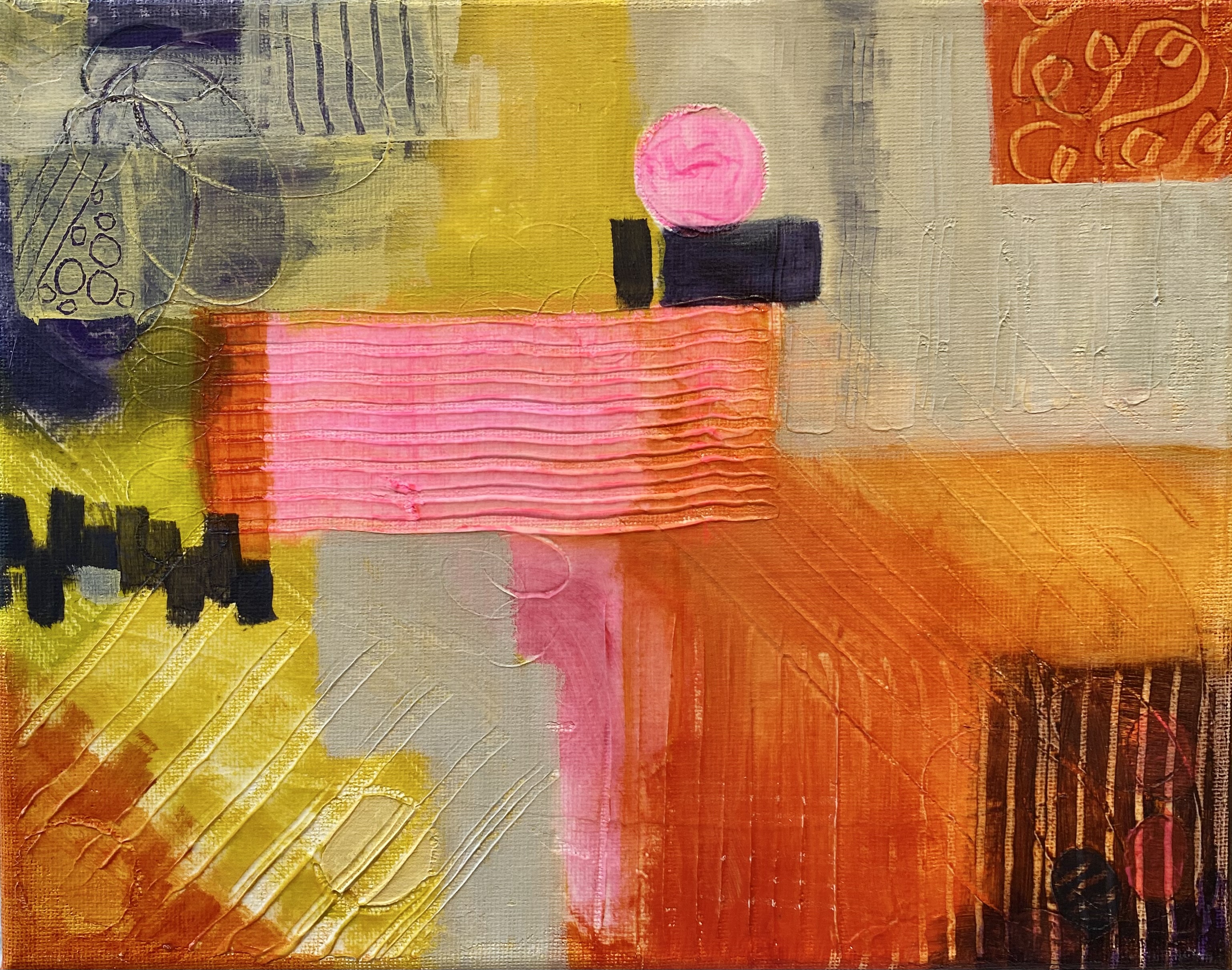 Abstract painting of patterns, strokes and lines in orange, green, pink, and brown