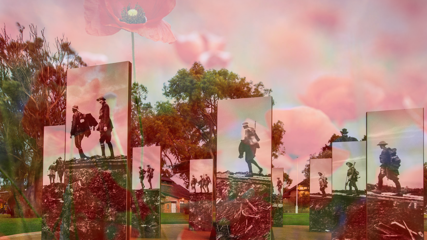 Remembrance Day memorial in front of poppies