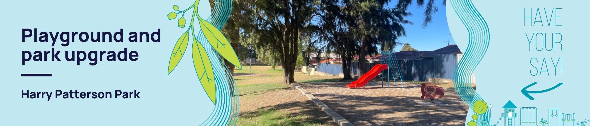 Park in Kardinya with slide and large grassed area with shady trees and half basketball court in distance
