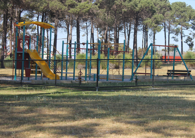 Photo of playground equipment with fencing around it. Trees in background and grass in foreground.