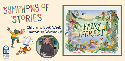 A yellow banner with creatures playing instruments, Jennifer Faulkner wearing a grey top with a blue cup of tea, and her book cover for Fairy Forest with whimsical creatures.