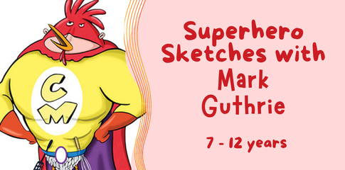 An image of a superhero in a chicken shaped headpiece and a beak with kitchen utensils in his belt. Name of workshop on banner.