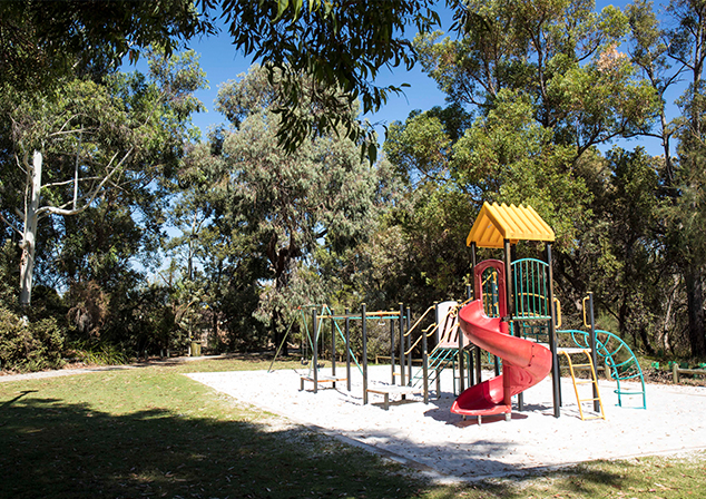 Image of grassy area with trees surrounding. Playground in sandpit to the right.