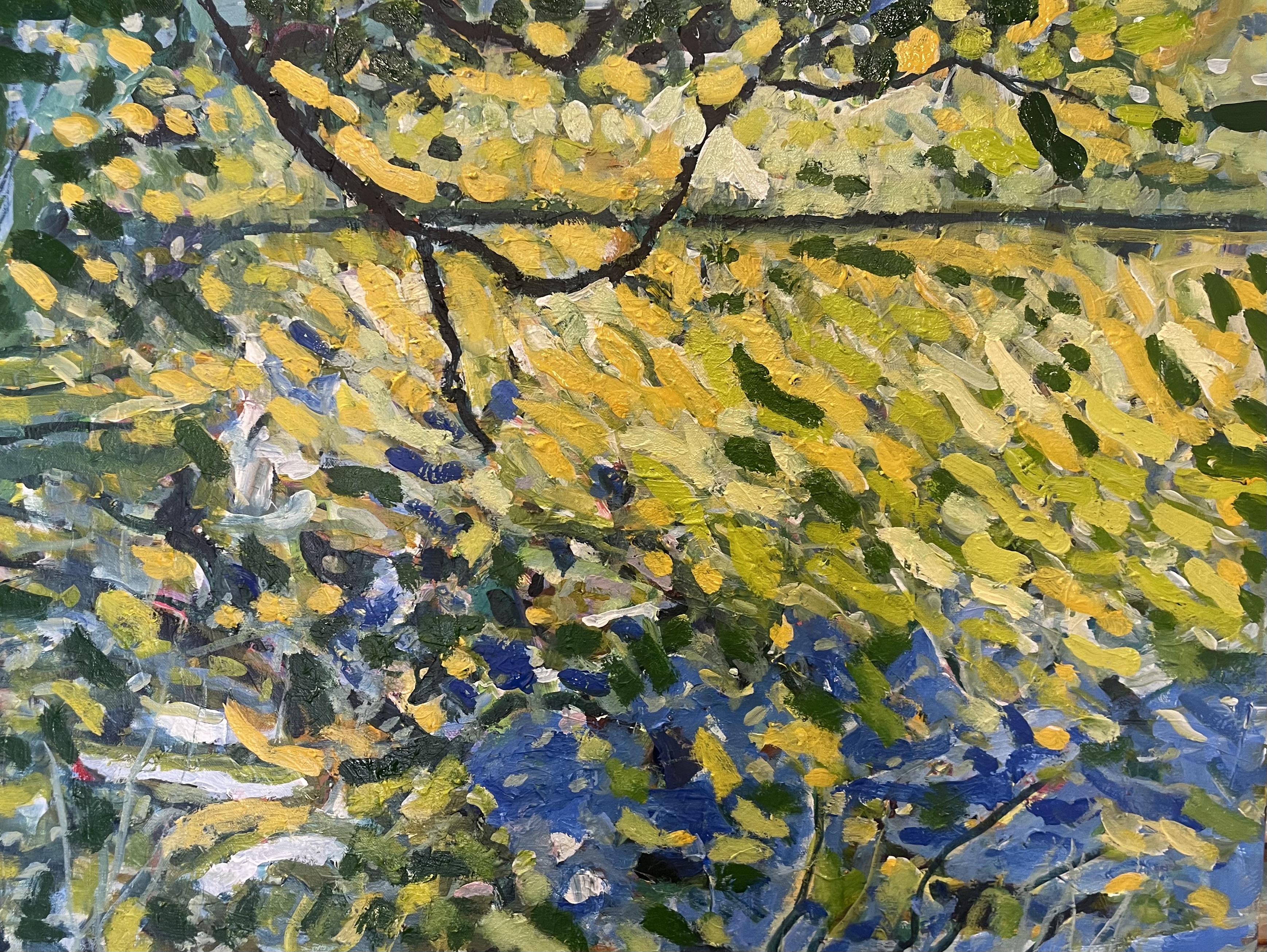 An abstract painting with lots of colourful dots of green, yellow, white and blue.